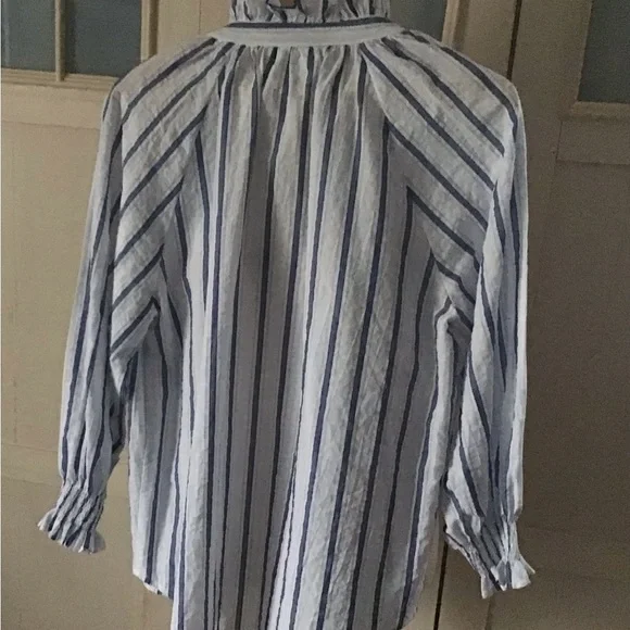 Finley Fiona Ruffle High Neck Blouse Blue/White Striped XS 100% Cotton - Picture 8 of 10